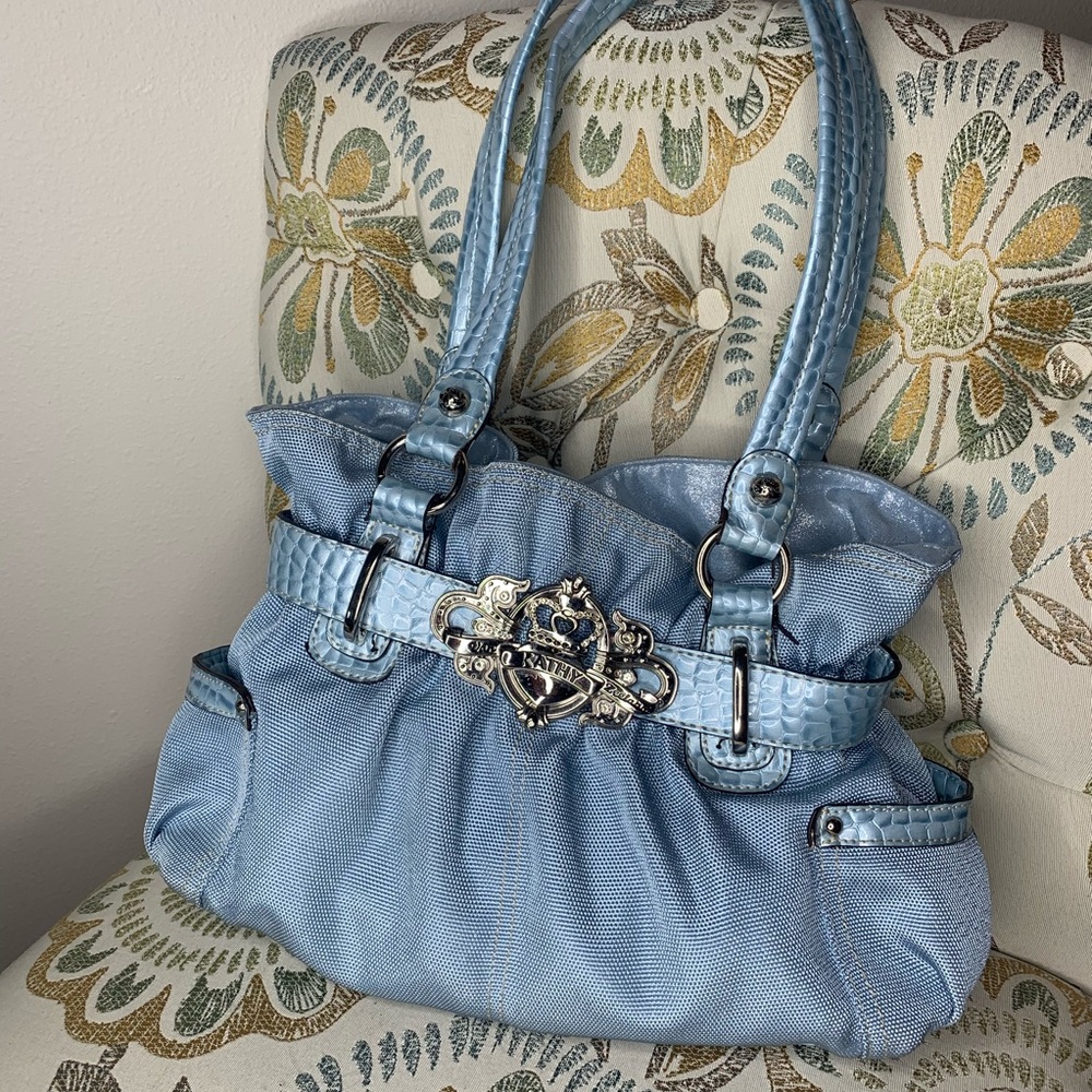 Kathy Van Zeeland Croc Blue Shimmer Belt Handbag - Picture 1 of 5